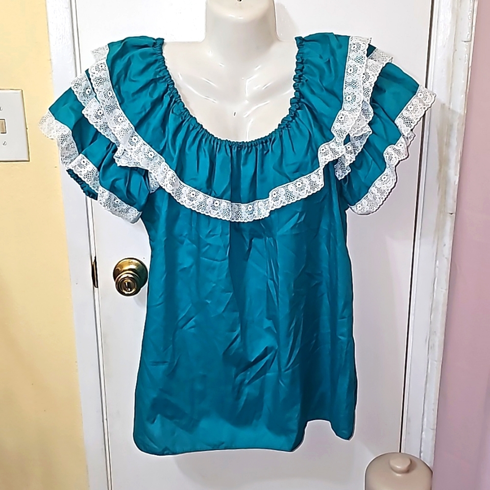 Sasabobs top ruffle lace sleeves off the shoulder straps Squaredance B11